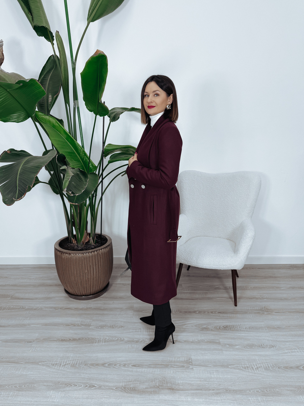 Długi płaszcz premium 50% wełna | ocieplany | z paskiem bordowy MELANIA zdjęcie 4