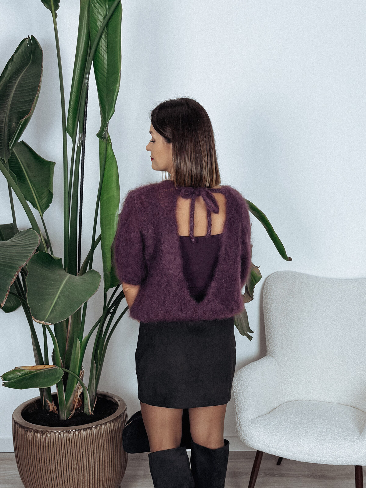 Sweter premium 80% kid moher z wiązaniem na plecach bakłażan STAR zdjęcie 2