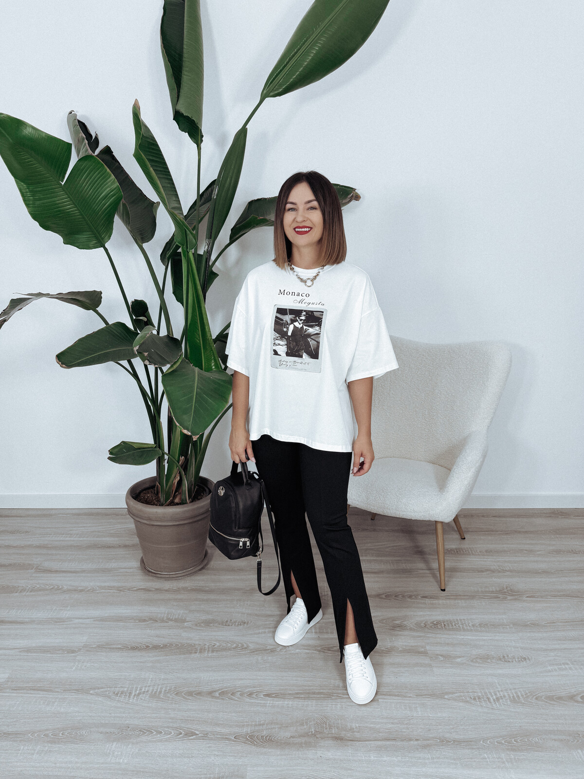 T-shirt oversize z bawełny z nadrukiem złamana biel MONACO zdjęcie 2