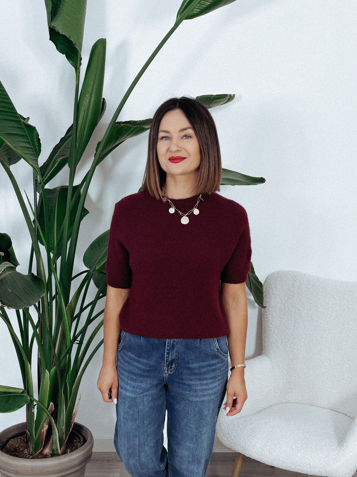 Sweter z baby alpaką i wełną | krótki rękaw | bordo SOLANGE zdjęcie 1