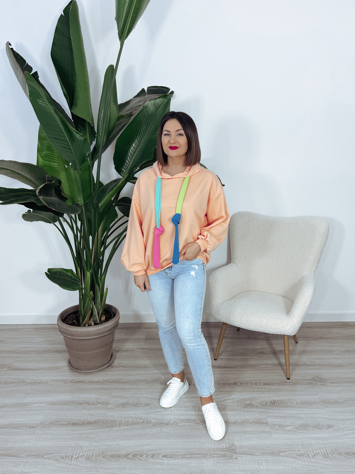 Bluza z kapturem oversize kolorowe troczki pomarańczowa HAPPY ♡ zdjęcie 2