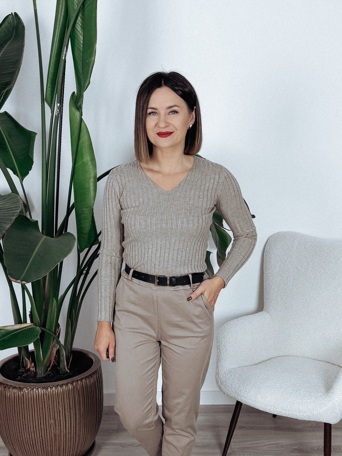 Bluzka basic prążek taupe CASTIA zdjęcie 1
