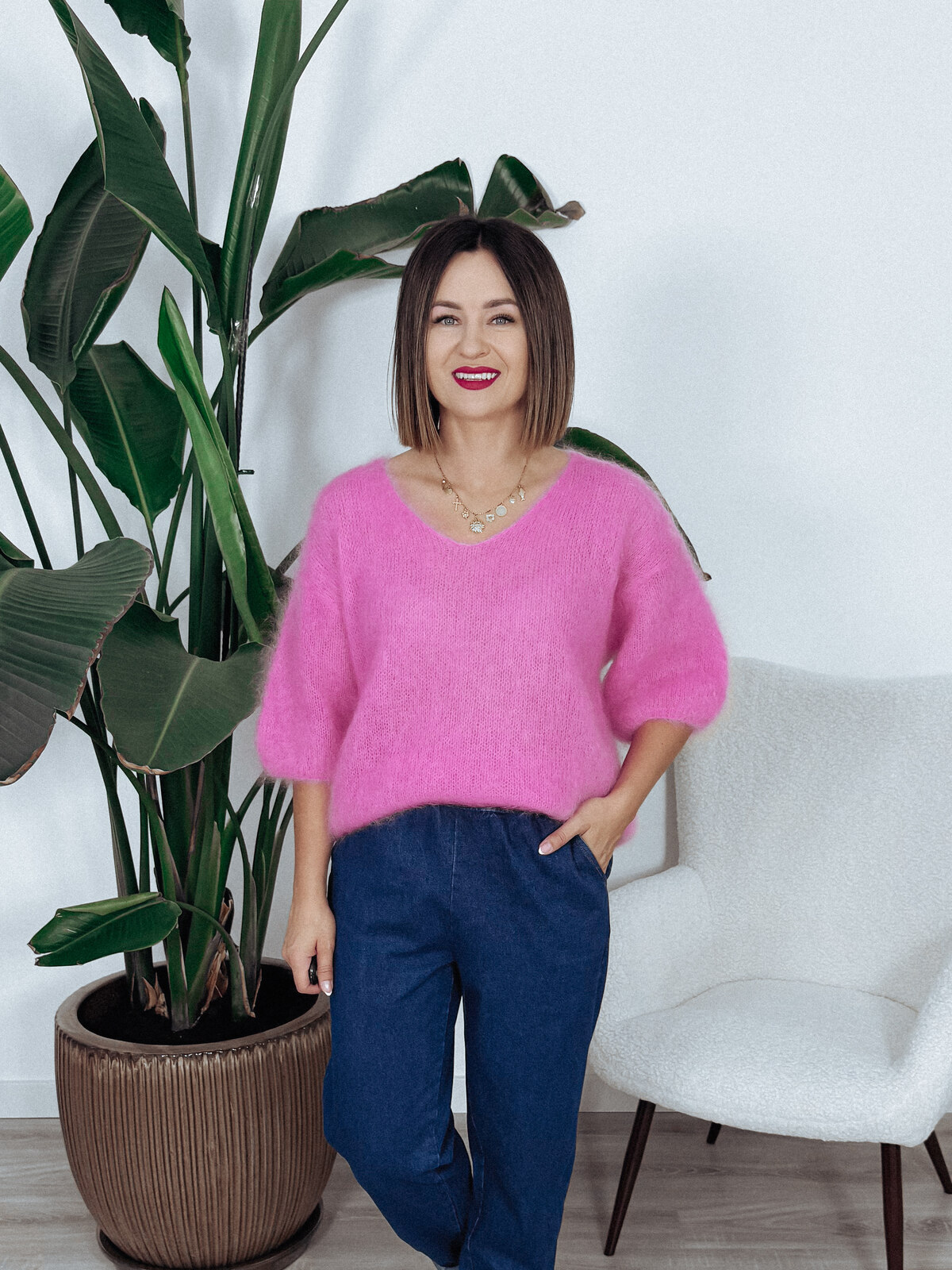 Sweter premium 81% kid moher różowy IVANI zdjęcie 1
