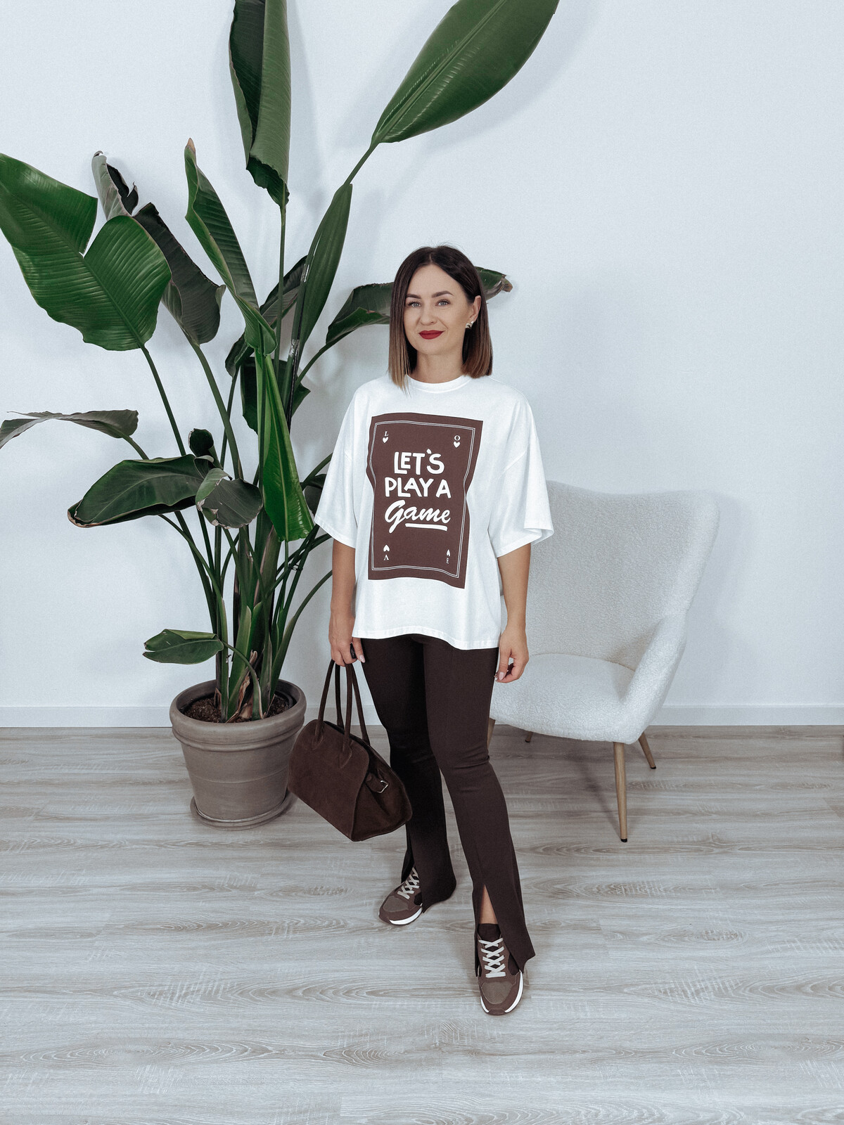T-shirt oversize z bawełny z napisem złamana biel LET'S PLAY zdjęcie 2