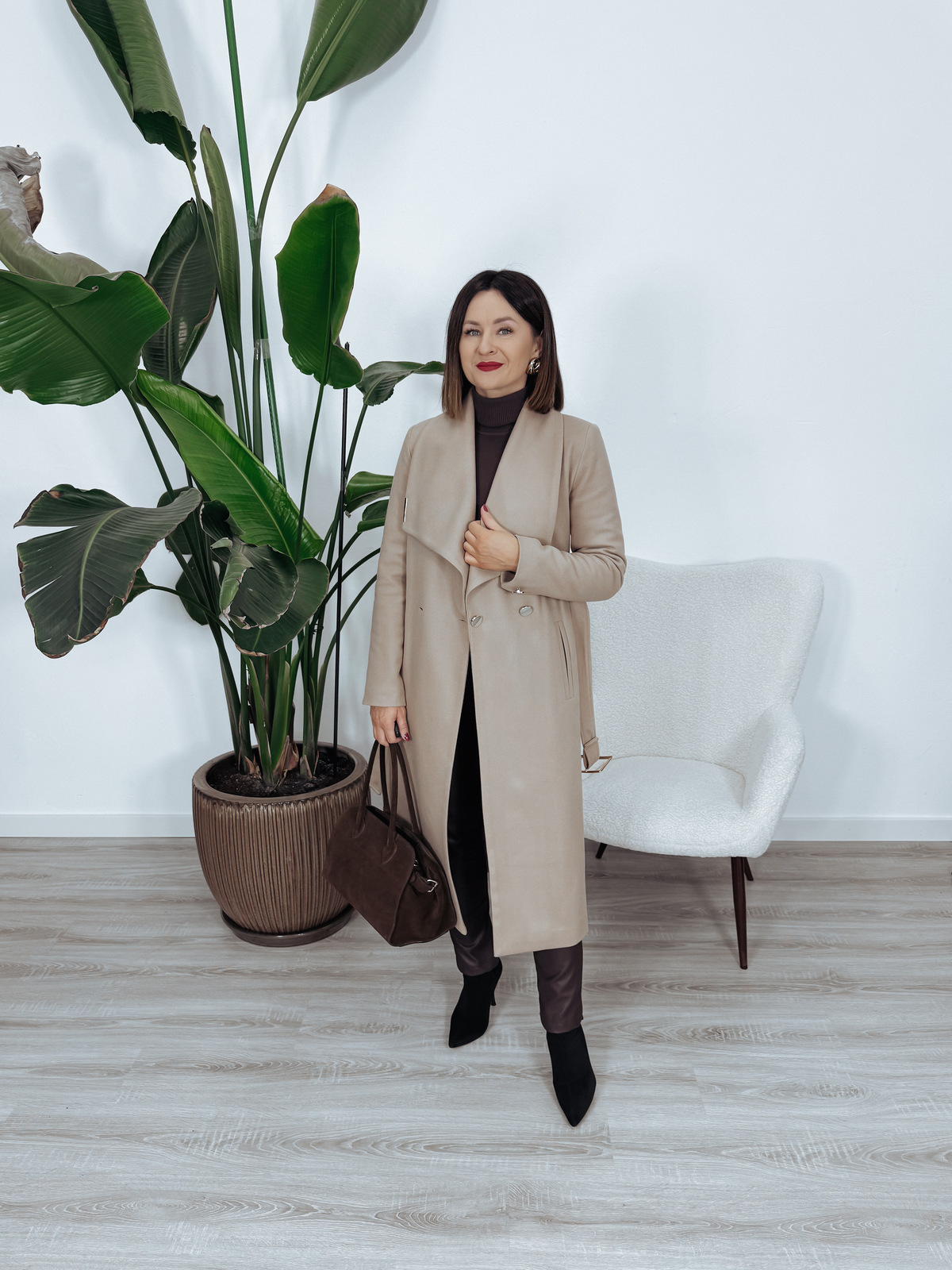 Długi płaszcz premium 50% wełna | ocieplany | z paskiem beżowy MELANIA zdjęcie 3
