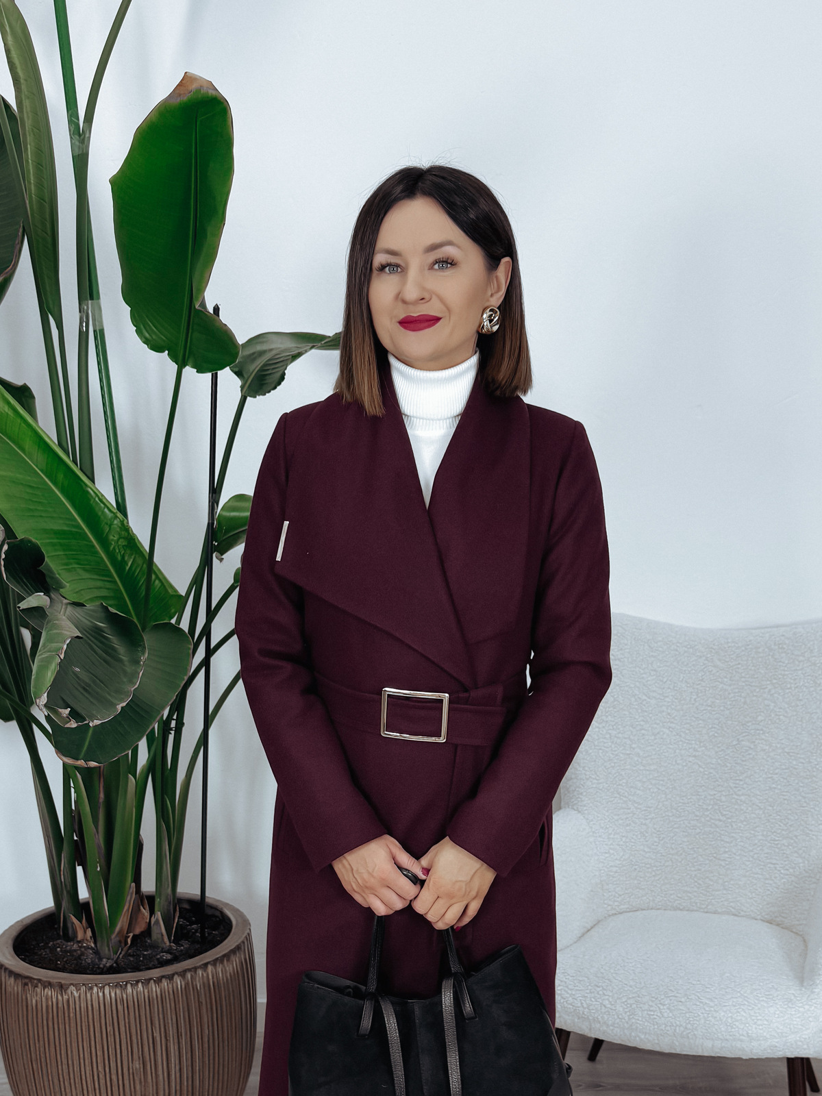 Długi płaszcz premium 50% wełna | ocieplany | z paskiem bordowy MELANIA zdjęcie 3