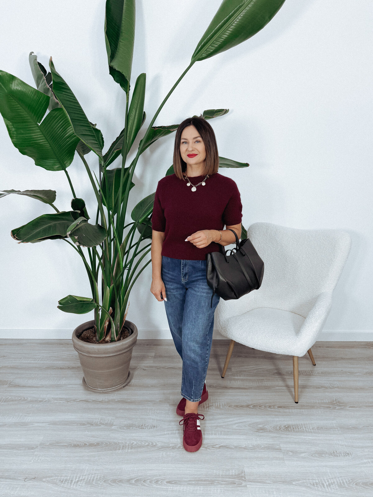Sweter z baby alpaką i wełną | krótki rękaw | bordo SOLANGE zdjęcie 2