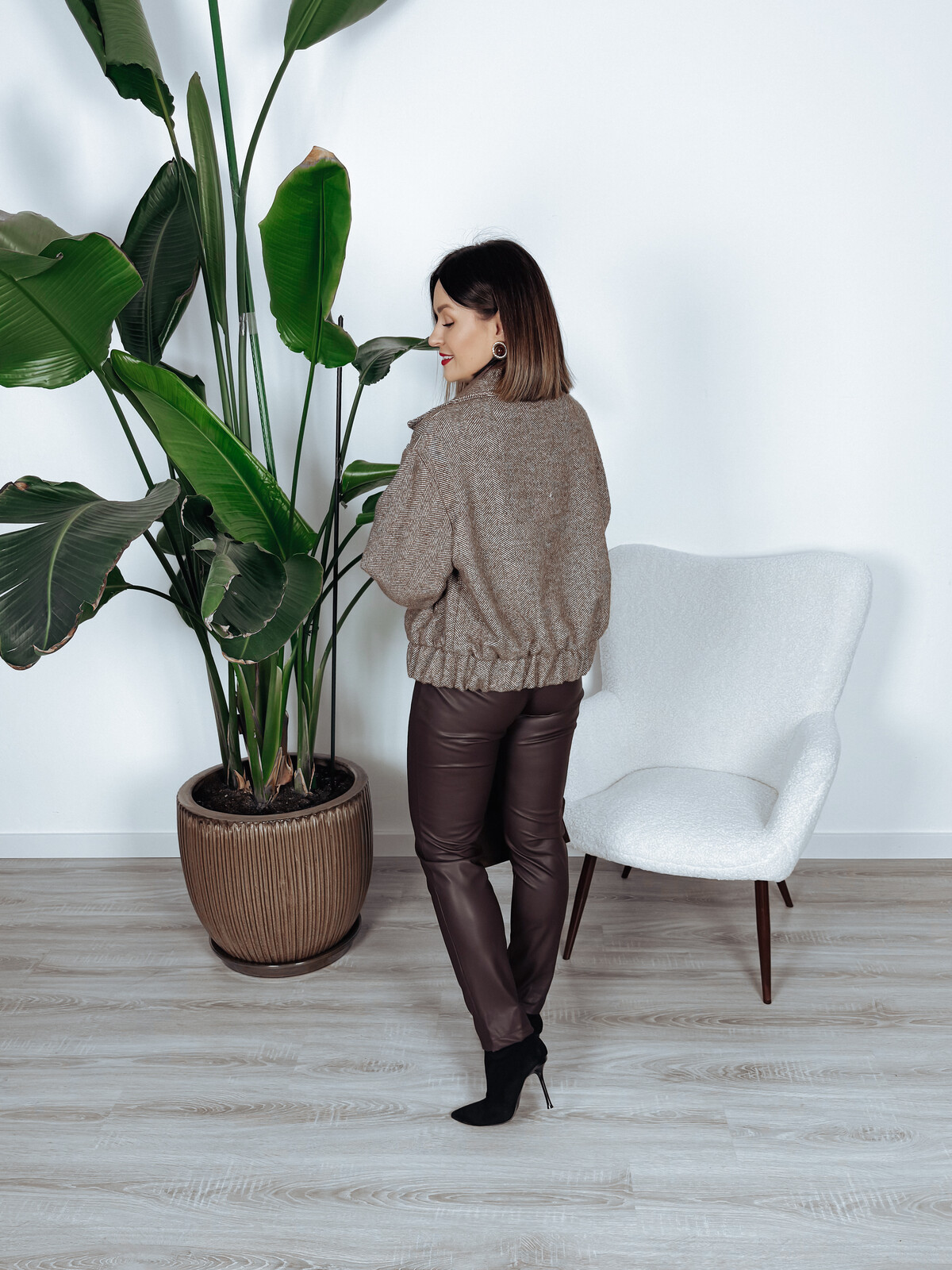 Kurtka 20% wełna w jodełkę brązowo-biała FANCY zdjęcie 4
