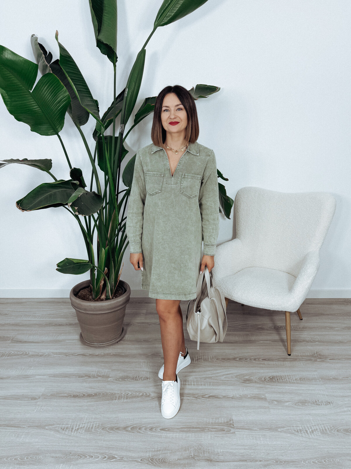 Sukienka jeansowa z długim rękawem khaki POLY - PRE ORDER zdjęcie 2