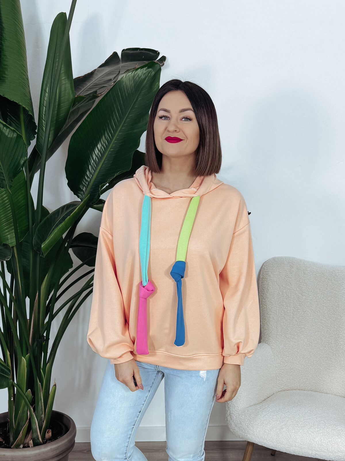 Bluza z kapturem oversize kolorowe troczki pomarańczowa HAPPY ♡ zdjęcie 1