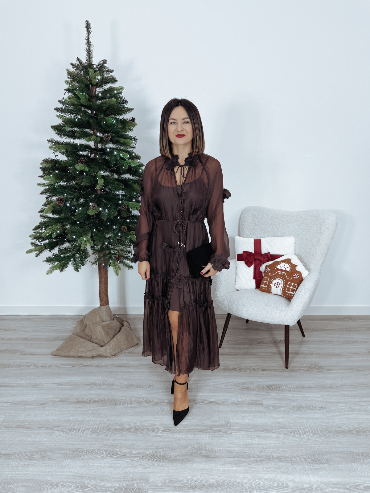 Sukienka premium maxi | kwiaty 3D | 2w1 czekoladowa INIKO - PRE ORDER zdjęcie 1