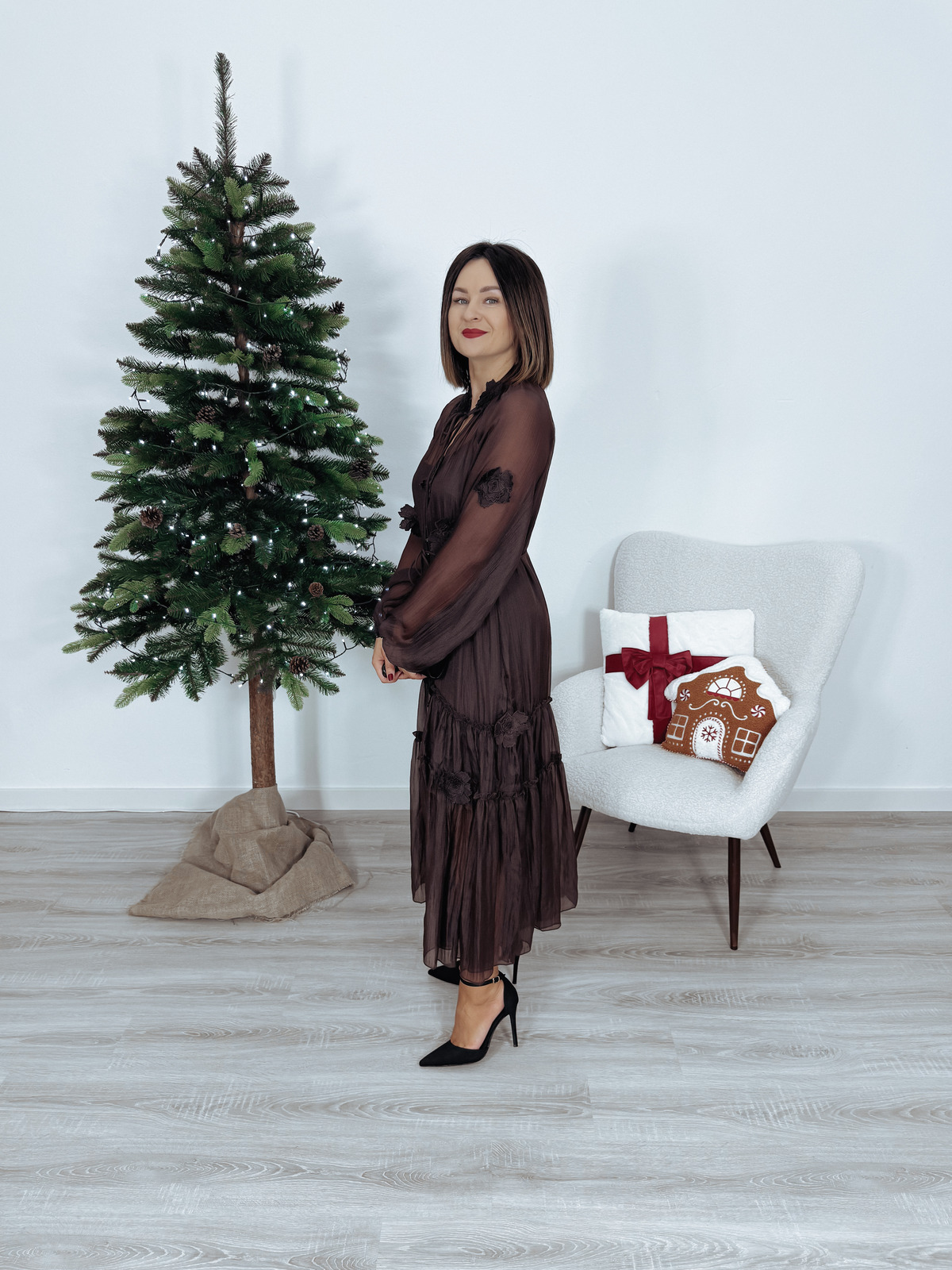 Sukienka premium maxi | kwiaty 3D | 2w1 czekoladowa INIKO - PRE ORDER zdjęcie 3