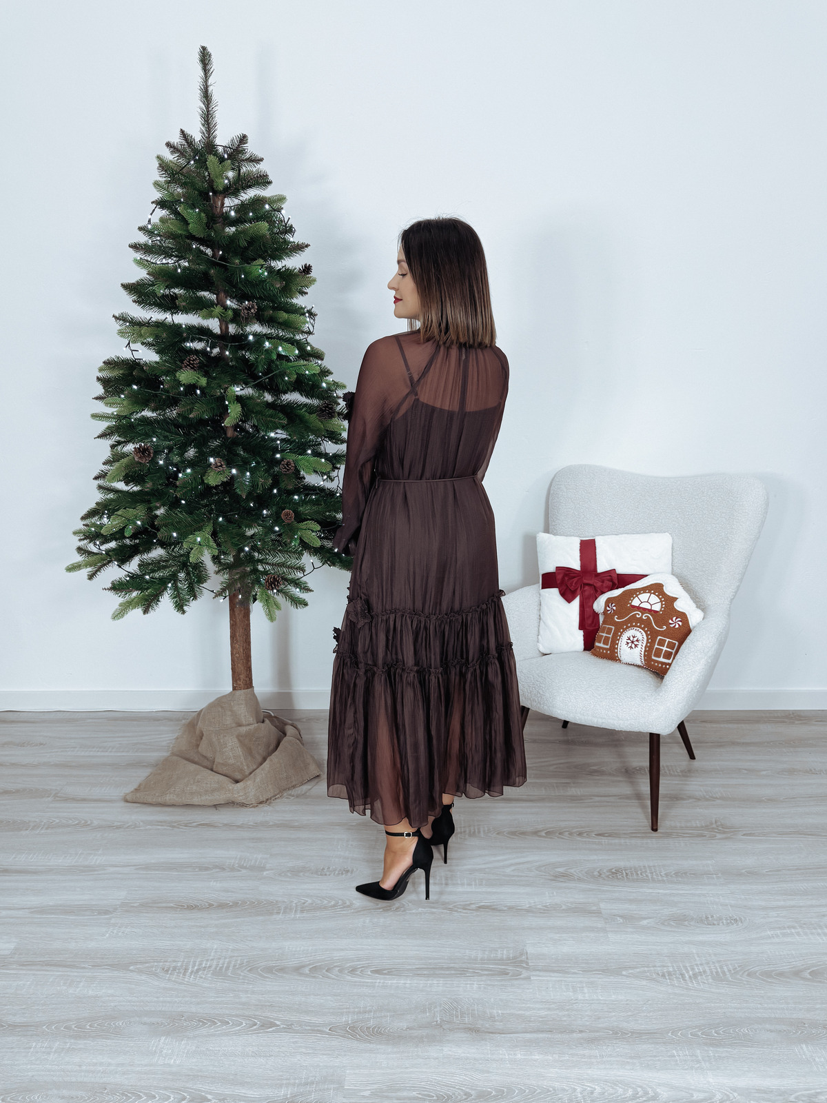 Sukienka premium maxi | kwiaty 3D | 2w1 czekoladowa INIKO - PRE ORDER zdjęcie 4