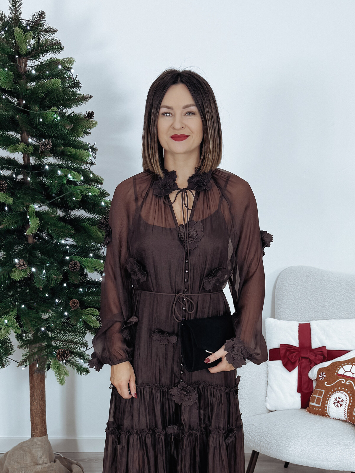 Sukienka premium maxi | kwiaty 3D | 2w1 czekoladowa INIKO - PRE ORDER zdjęcie 2