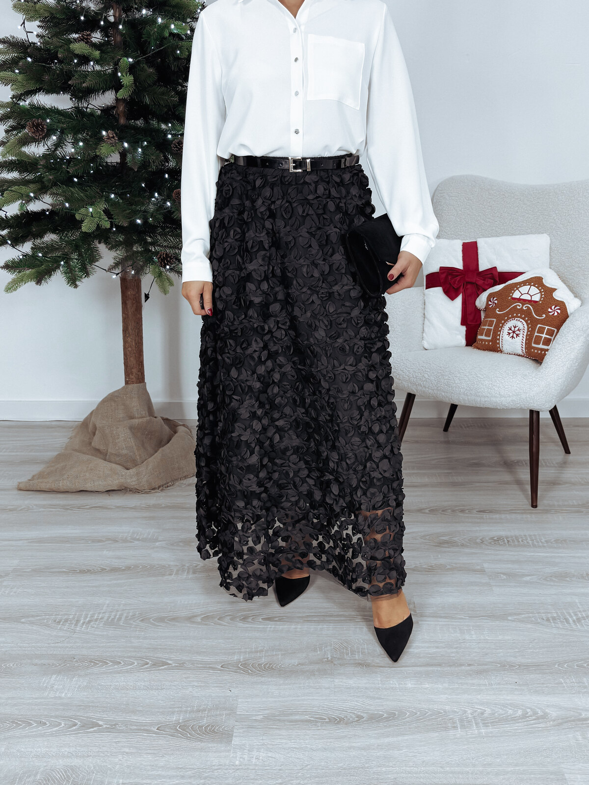 Spódnica premium z wiskozy w kwiaty 3D czarna MARIETTA zdjęcie 1