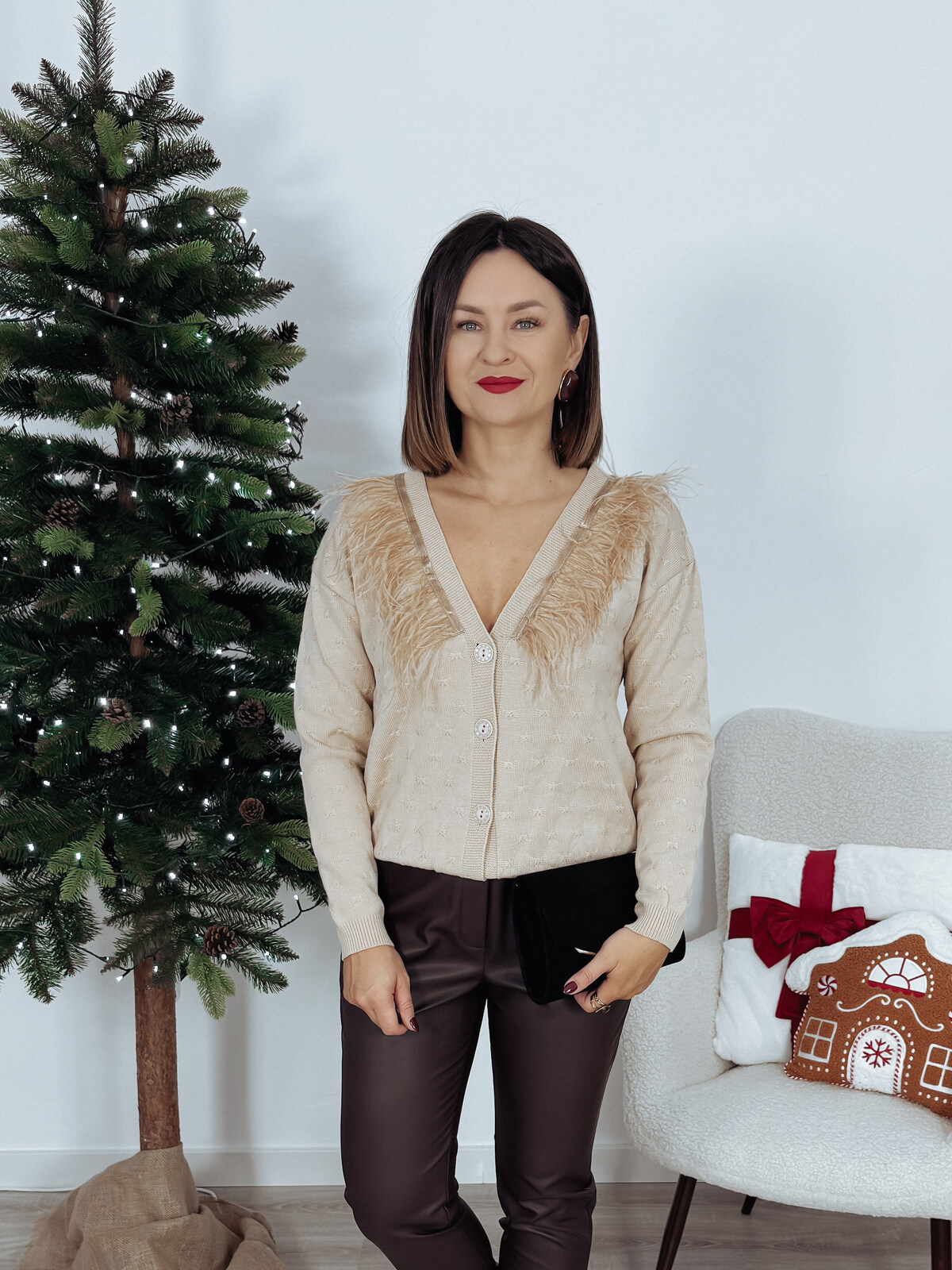 Kardigan piórka premium z kaszmirem beżowy ADORE zdjęcie 1