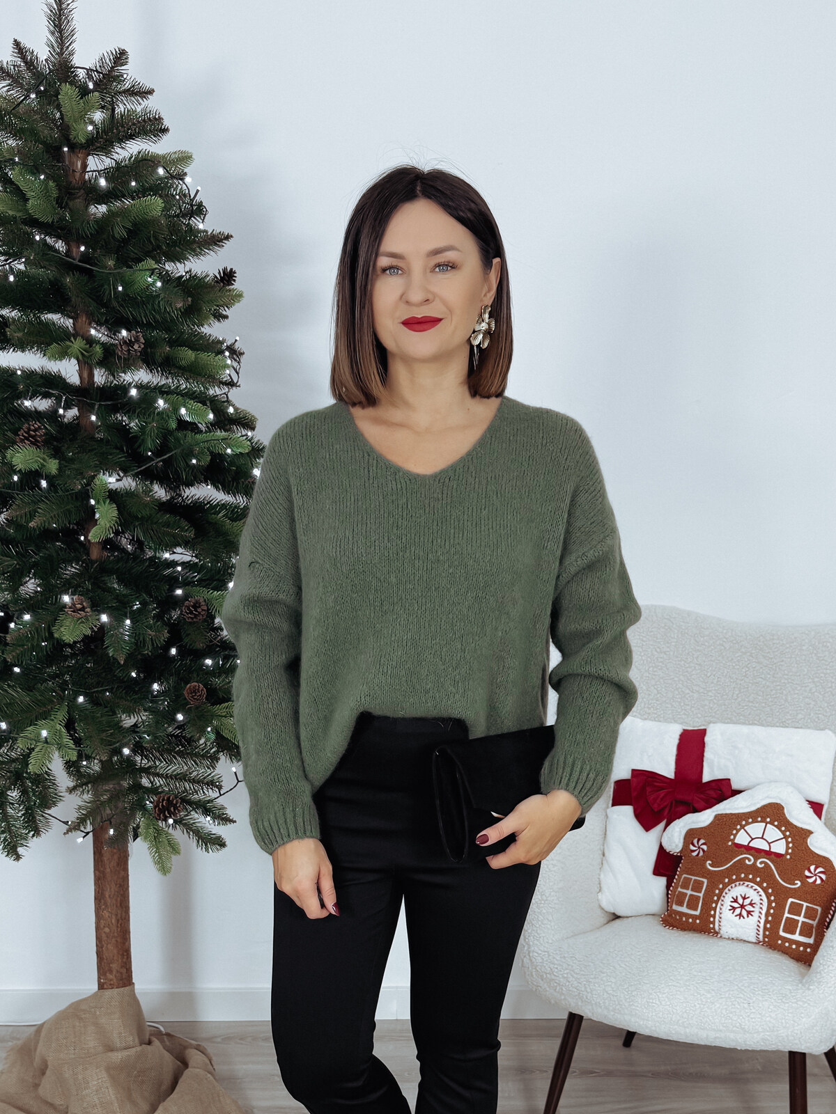 Sweter z długim rękawem z kid moherem i wełną ciemna zieleń MOZELL zdjęcie 1