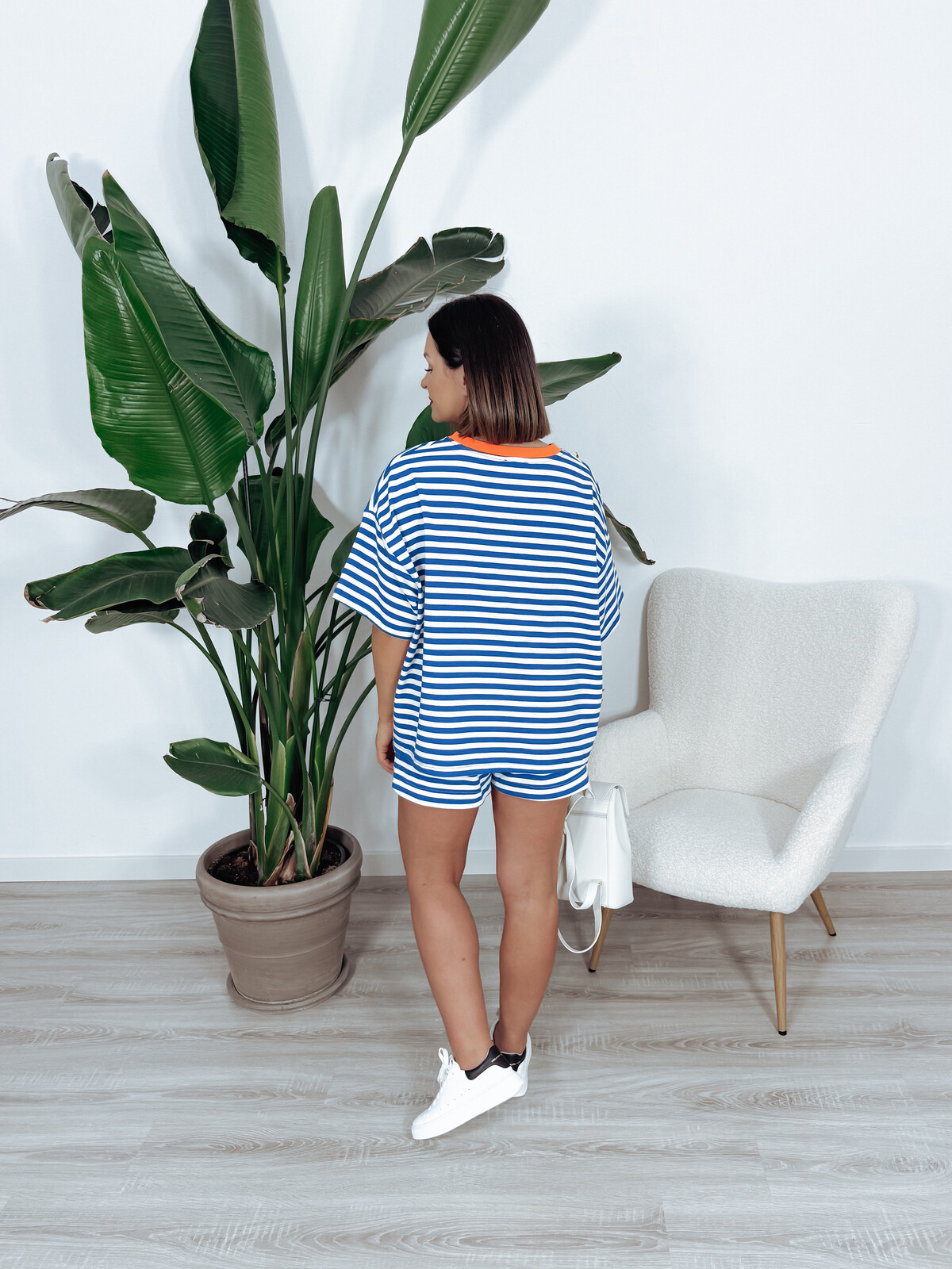 Komplet bluzka oversize + spodenki w paski niebiesko-śmietankowe HAPPY zdjęcie 3