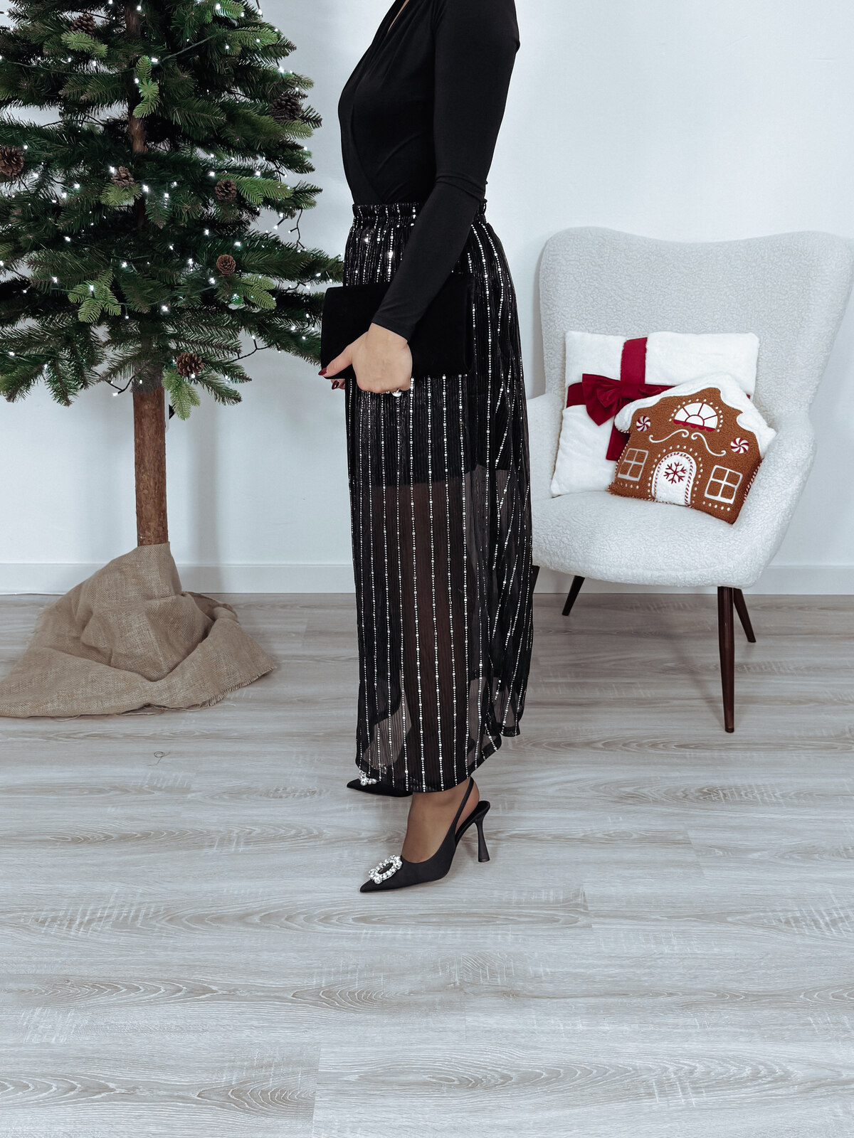 Spódnica maxi pionowe srebrne zdobienia czarna LEA zdjęcie 4