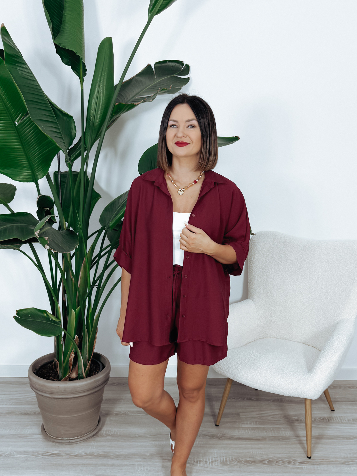 Komplet koszula oversize + spodenki bordowy WENDY zdjęcie 4