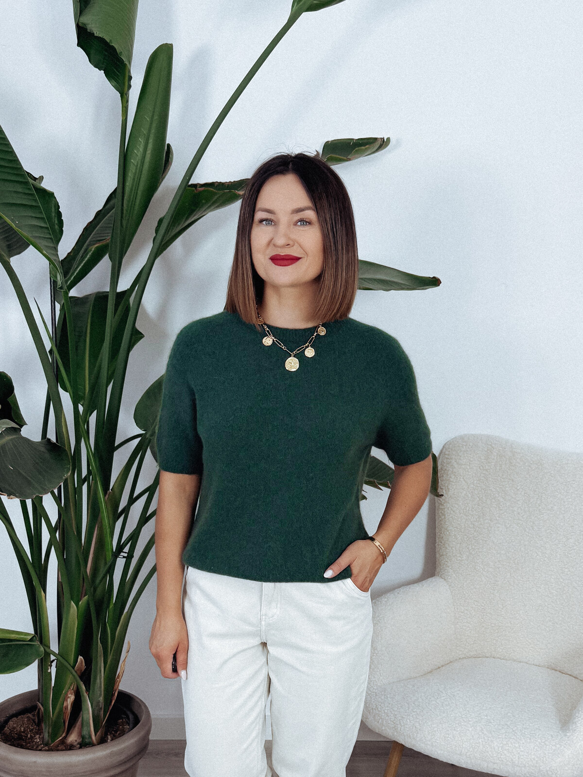 Sweter z baby alpaką i wełną | krótki rękaw | ciemna zieleń SOLANGE zdjęcie 1