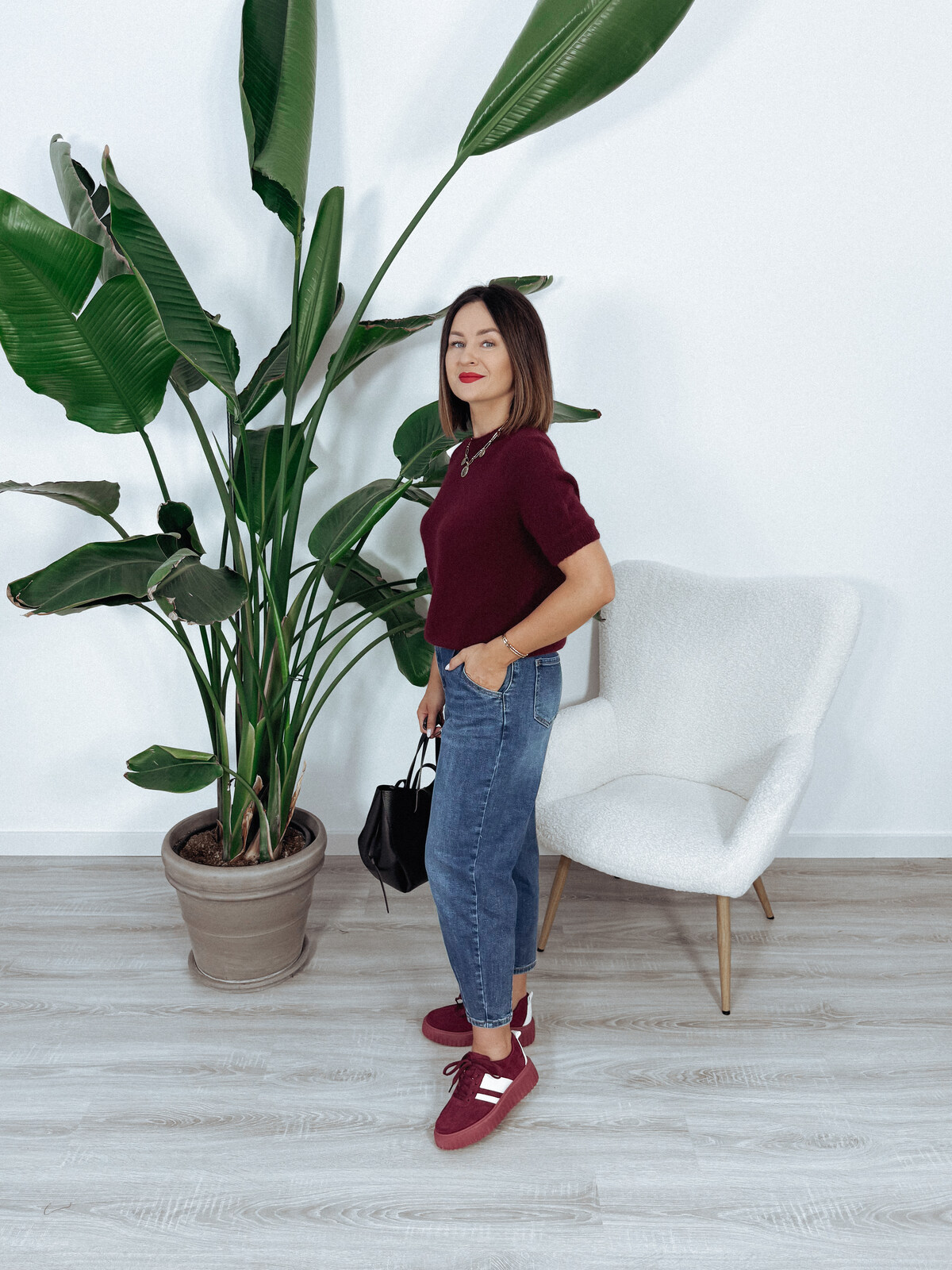 Sweter z baby alpaką i wełną | krótki rękaw | bordo SOLANGE zdjęcie 3