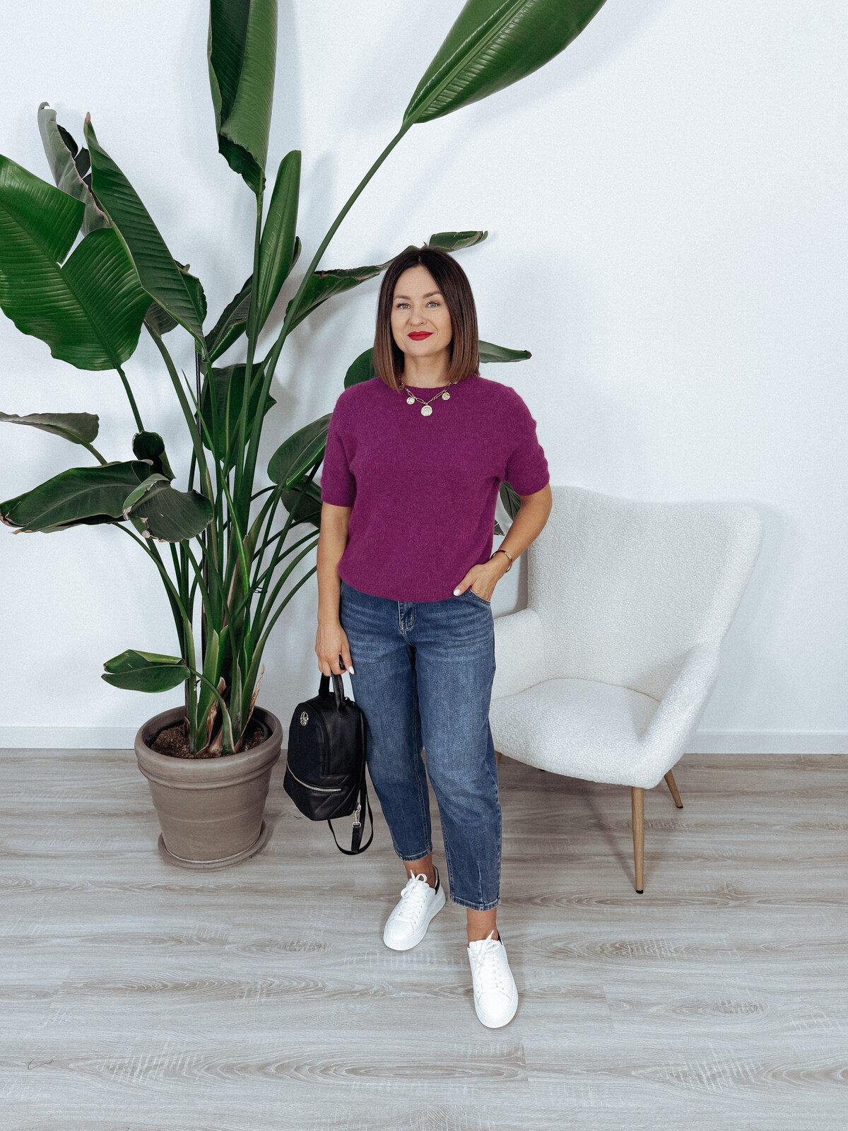 Sweter z baby alpaką i wełną | krótki rękaw | śliwka SOLANGE zdjęcie 2