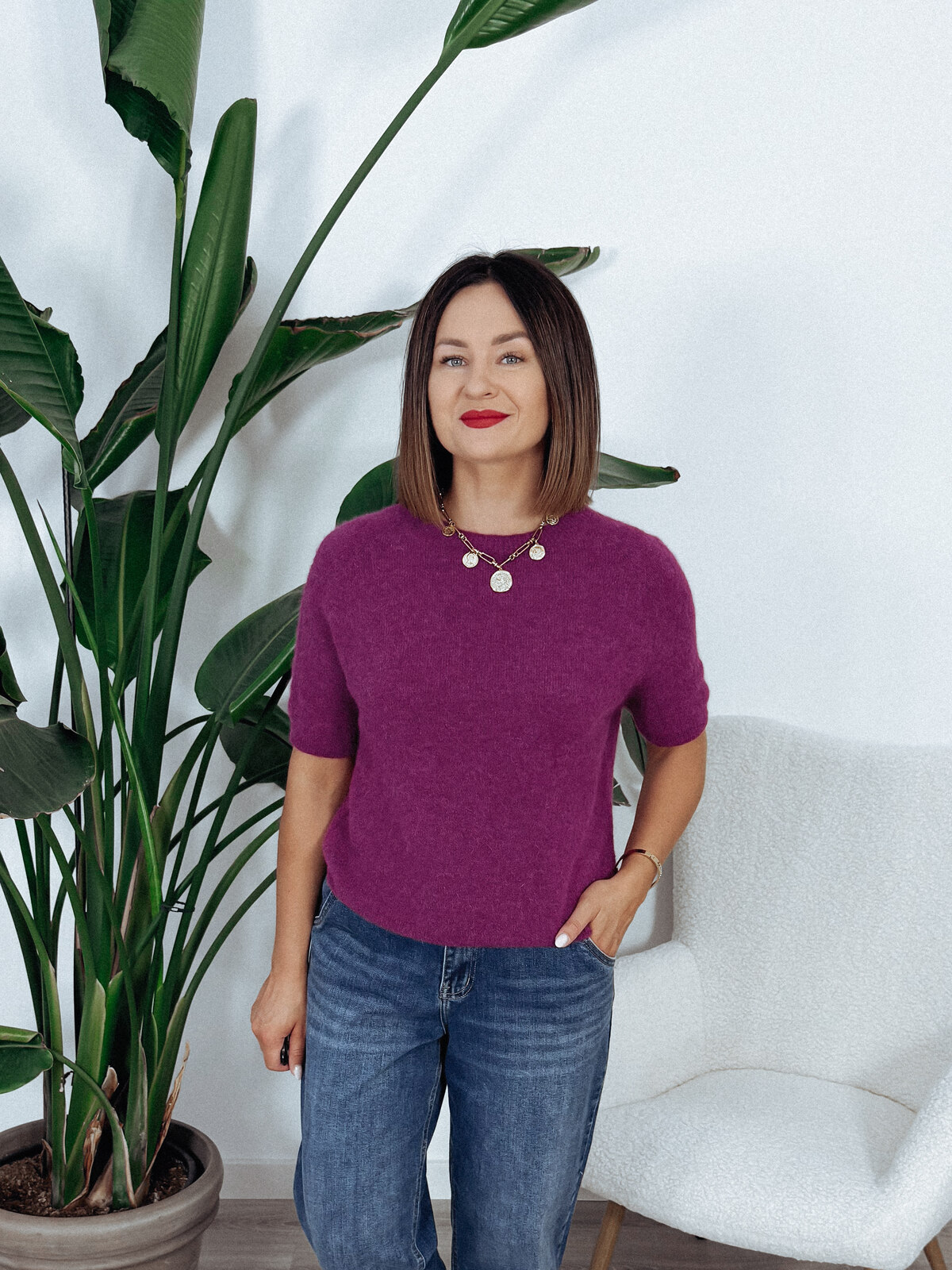 Sweter z baby alpaką i wełną | krótki rękaw | śliwka SOLANGE zdjęcie 1
