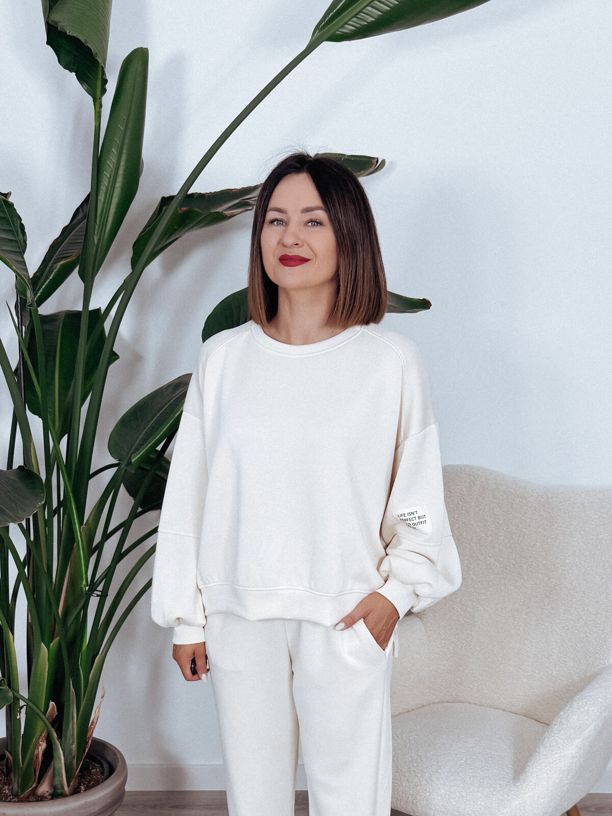 Komplet bluza + spodnie śmietanka ARIA II - materiał MASEŁKO zdjęcie 2