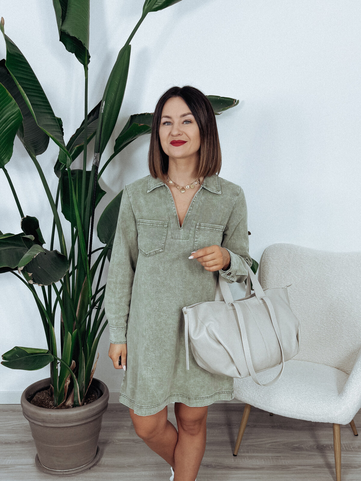 Sukienka jeansowa z długim rękawem khaki POLY - PRE ORDER zdjęcie 1