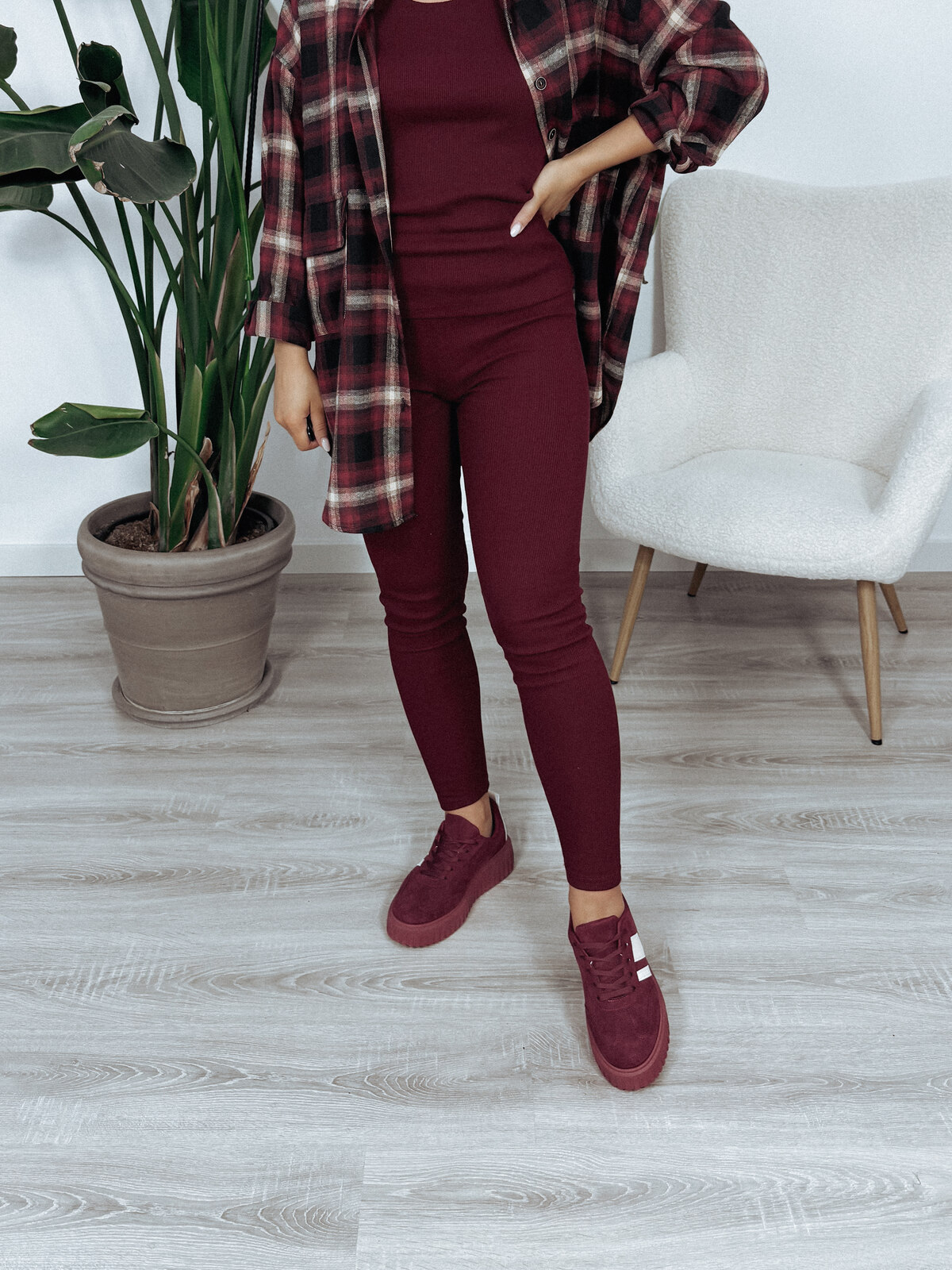 Legginsy z bawełny prążkowanej bordowe TIZO zdjęcie 1