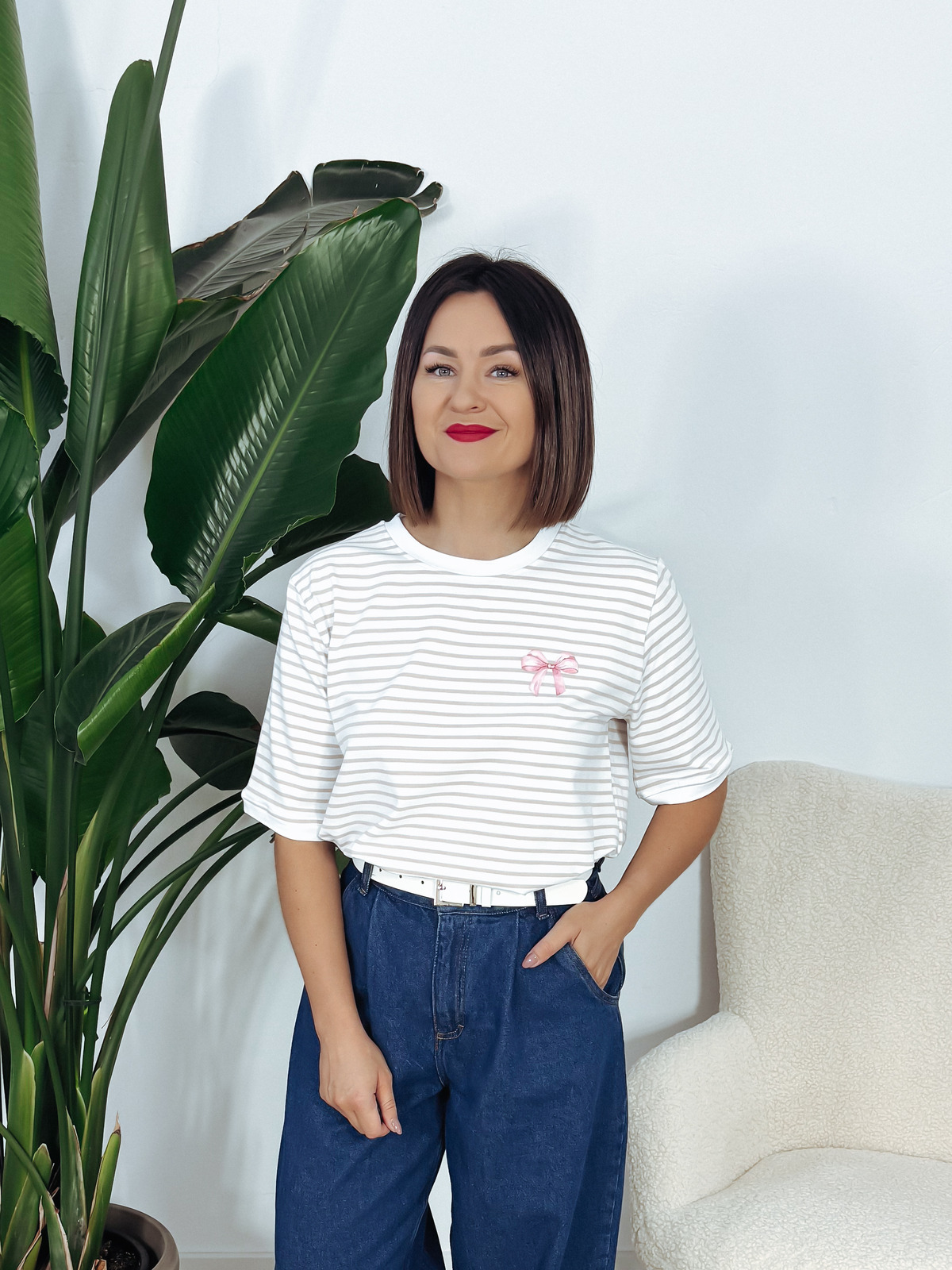 T-shirt kokarda w paski biało-beżowe LUMI ♡ zdjęcie 1