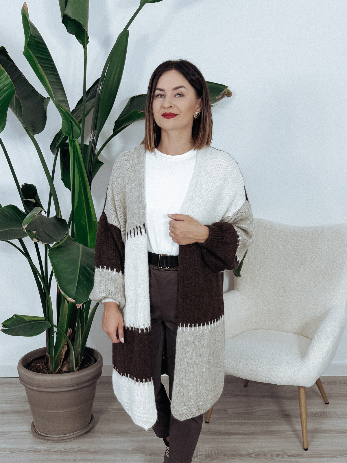 Długi kardigan beżowo-brązowy-taupe SOFT zdjęcie 4