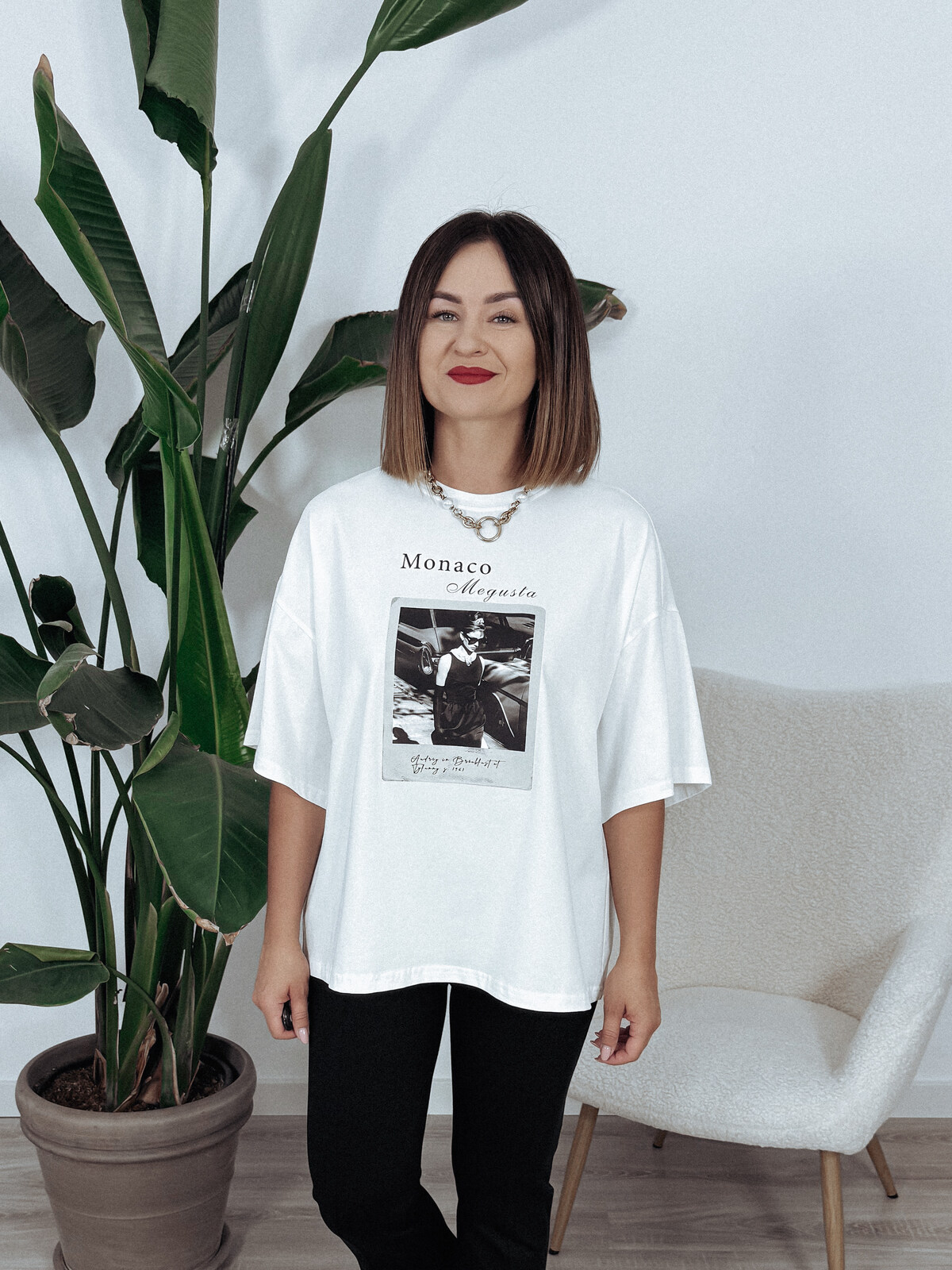 T-shirt oversize z bawełny z nadrukiem złamana biel MONACO zdjęcie 1