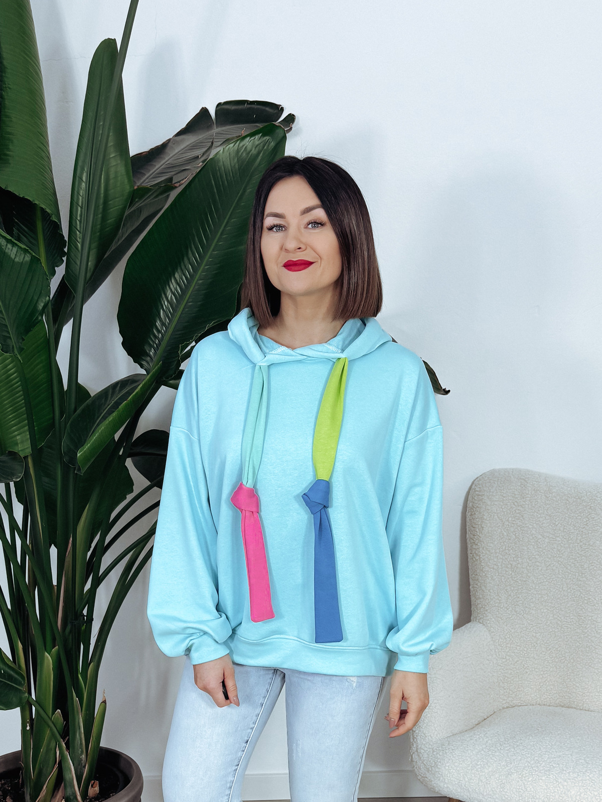 Bluza z kapturem oversize kolorowe troczki błękitna HAPPY ♡ zdjęcie 1