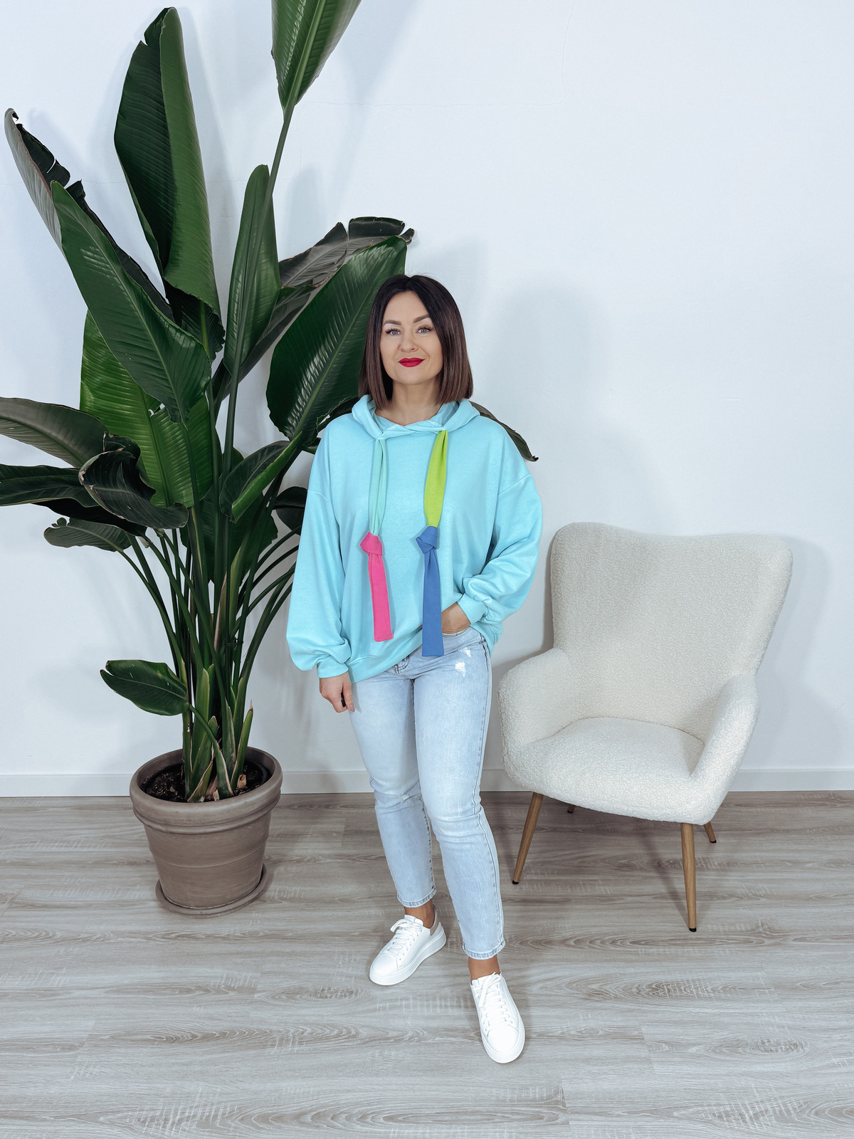 Bluza z kapturem oversize kolorowe troczki błękitna HAPPY ♡ zdjęcie 2
