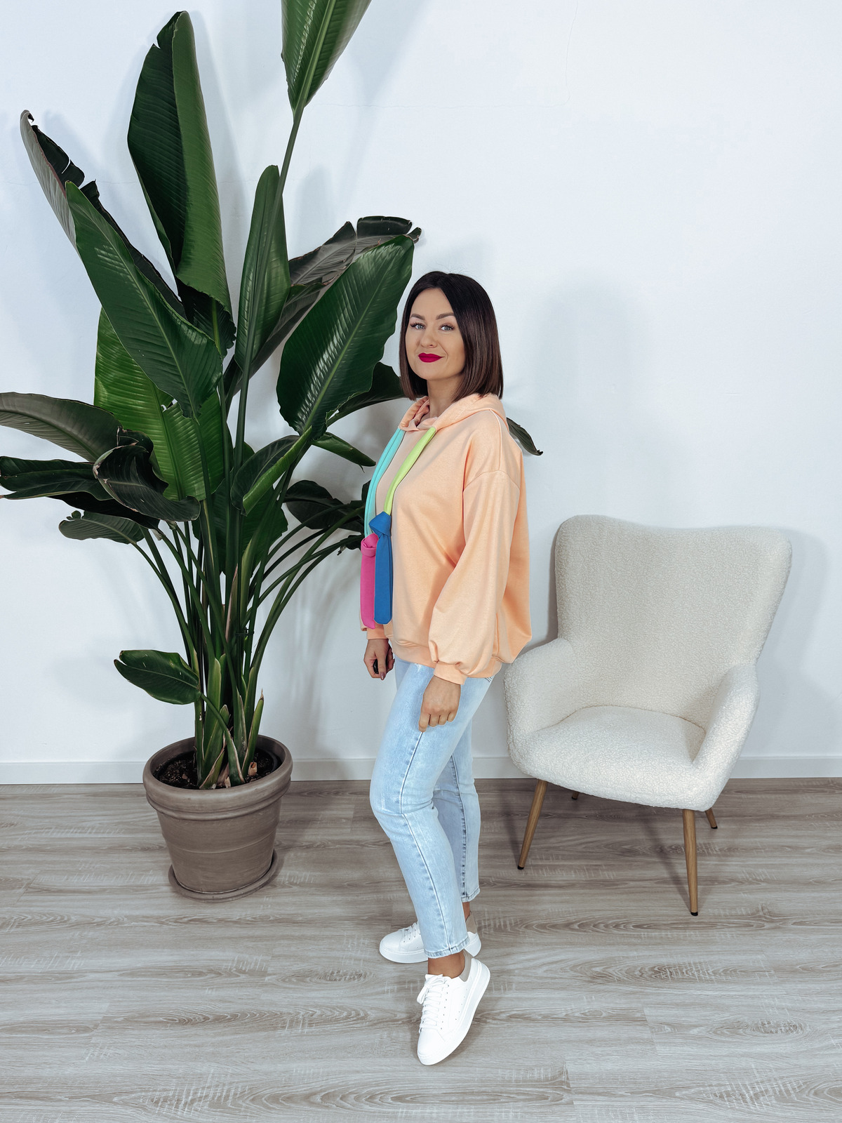 Bluza z kapturem oversize kolorowe troczki pomarańczowa HAPPY ♡ zdjęcie 3