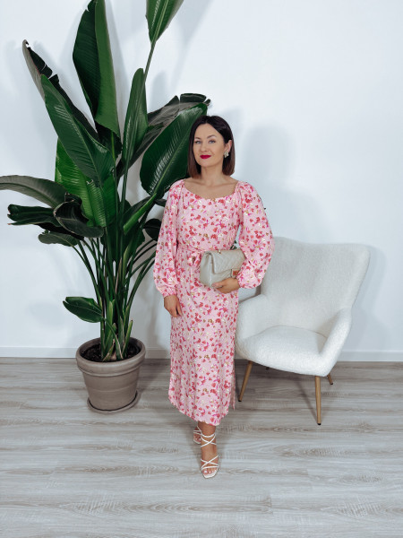 Sukienka maxi | rozcięcia po bokach | łososiowa w różowe kwiaty JULIA