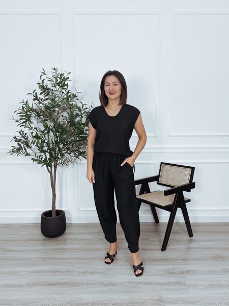 Komplet bluzka bez rękawów + spodnie balloony czarny BAROZZI