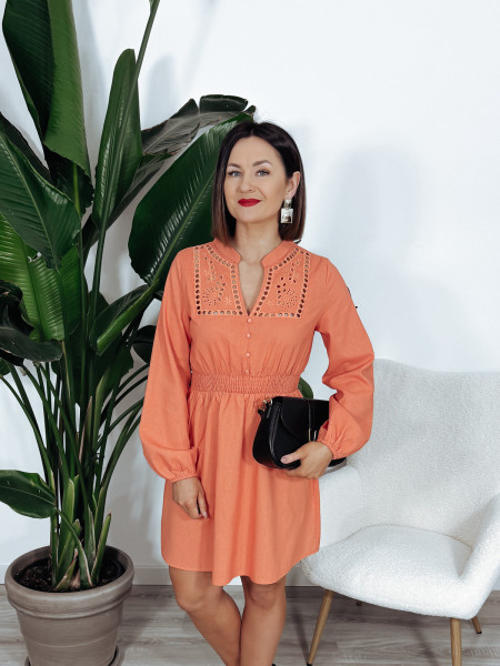 Sukienka len i wiskoza | ażurowy dekolt | marsala BUENO