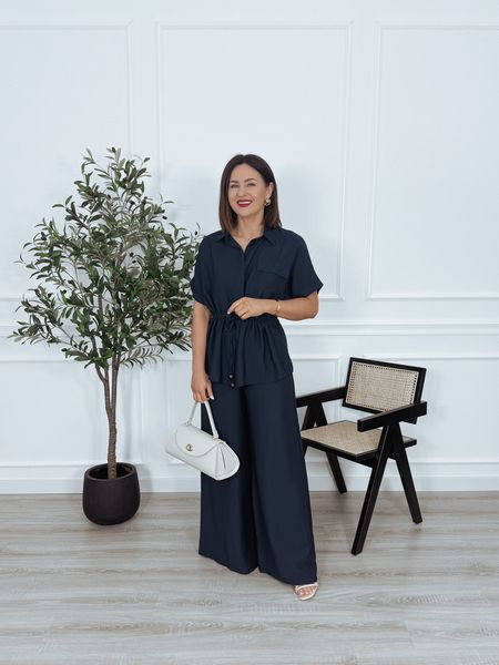 Komplet z wiskozy z szerokimi spodniami granatowy BOVA