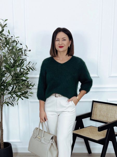 Sweter premium | 80% kid moher | dekolt w serek butelkowa zieleń PAOLO