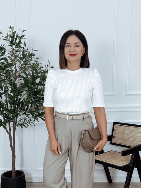 Bluzka basic z bawełny prążek ecru LAMIA