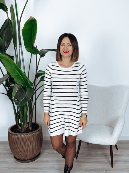 Sukienka krótka dzianinowa beżowa w czarne paski AVISA