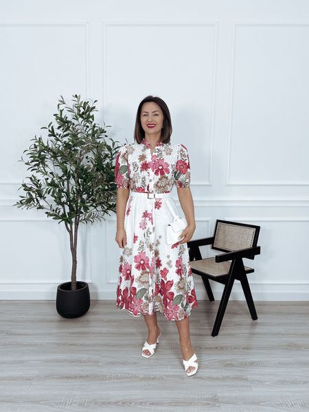 Sukienka z bawełny ażurkowej z paskiem czerwone kwiaty PIVONIA