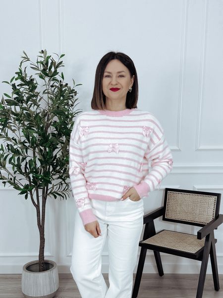 Sweter w paski z kokardkami biało-różowy MAVI