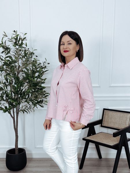 Koszula z bawełny asymetryczna z kokardkami po bokach różowo-biała CANNY