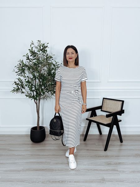 Sukienka bawełniana z wiązaniem z boku biała w paski LAVIA