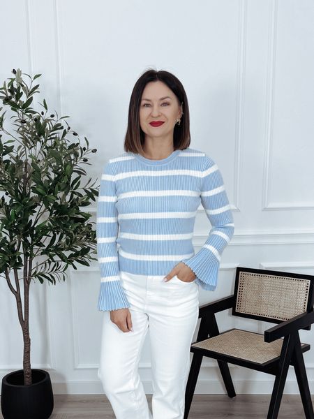 Bluzka w paski z rozszerzanymi rękawami pastelowy błękit ELSA