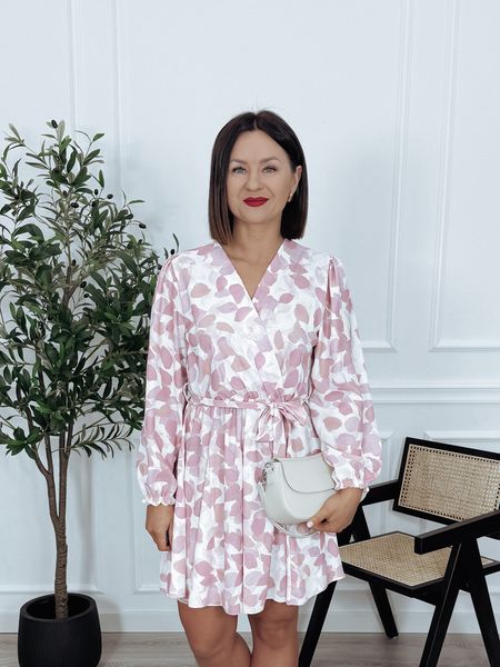 Sukienka z paskiem i gumką biała w różowe liście NASTIA